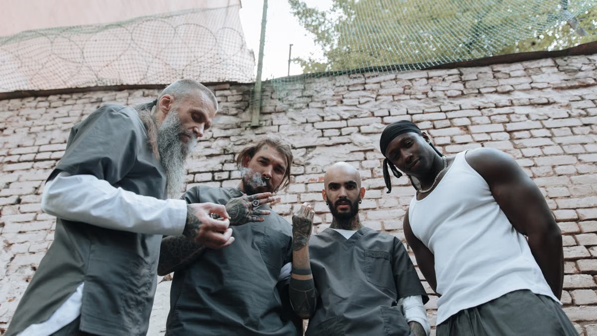 Four tattooed men standing near an outdoor brick wall, exuding a casual and confident vibe.